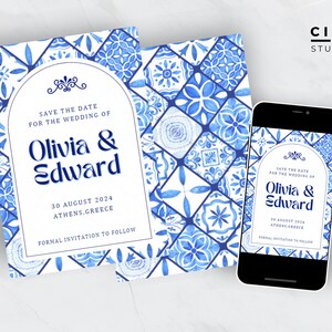 May include: A save the date card with a blue and white watercolor pattern. The card features the text "Save the Date for the Wedding of Olivia & Edward" with the date "30 August 2024" and the location "Athens, Greece".