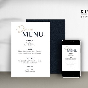 W pełni edytowalne minimalistyczne menu (na przyjęcie lub specjalną okazję), do wydrukowania lub udostępnienia w wersji cyfrowej, szablon Canva #DP