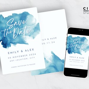 Bearbeitbar Save the date Einladung / Karte, Aquarell (Blau & Weiß), Druck oder Text, Canva Vorlage #BW