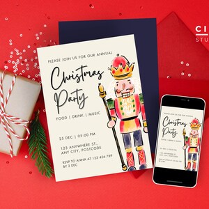 May include: A Christmas party invitation with a watercolor illustration of a nutcracker. The invitation is for December 25th at 5:00 PM and includes the address and RSVP information. The text on the invitation reads "Please join us for our annual Christmas Party. Food | Drink | Music. 25 Dec | 05:00 PM. 123 Anywhere St., Any City, Postcode. RSVP to Anna at 123 456 789 by 2 Dec."