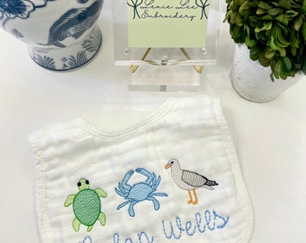 Beach Baby Bib - Embroidered Baby Bib  - Baby Shower Gift - Monogrammed Bib - Baby Gift - Sea Turtle, Crab, Pelican Bib