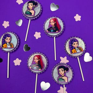 May include: A collection of six circular cake toppers featuring stylized illustrations of women with various hairstyles and outfits. Each topper is on a white stick, surrounded by a scalloped edge, and scattered with star and heart-shaped confetti on a purple background.