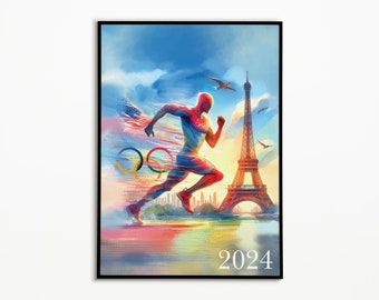 Affiche des Jeux Olympiques de 2024, Tour Eiffel, Paris 2024, affiche de sport, photo haute qualité, impression artistique d'athlètes sportifs.