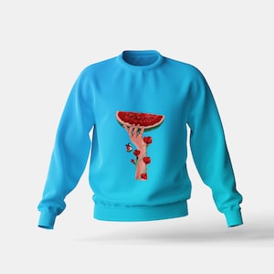 May include: A turquoise blue sweatshirt with a graphic of a hand holding a slice of watermelon with red roses growing from the hand.