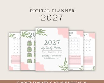 May include: A 2027 digital planner featuring five pages with soft pink abstract shapes and green leaf illustrations. The text reads 2027 My Yearly Planner, Plan Organize Grow, January-December, and Digital Planner 2027, with calendar grids.