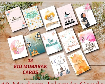 Afdrukbare Eid Mubarak-kaarten | Set van 12 islamitische wenskaarten – digitale download, pdf en png