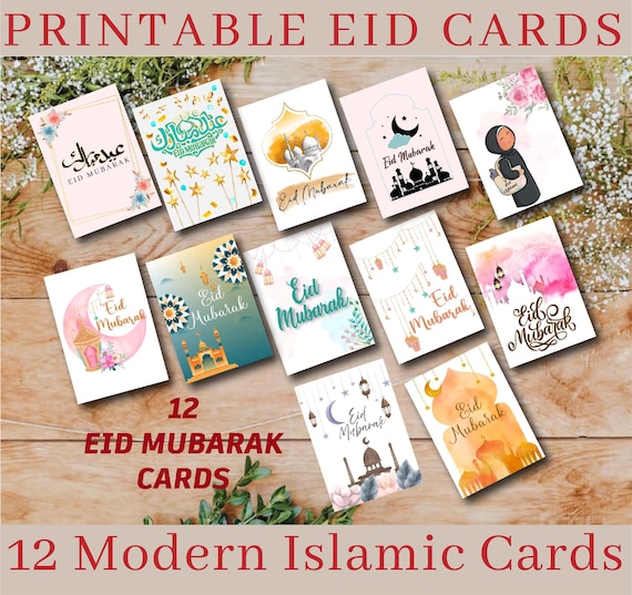 Printable Eid Mubarak Cards | Islamic Greeting Cards Pack of 12 – Digital Download PDF & PNG