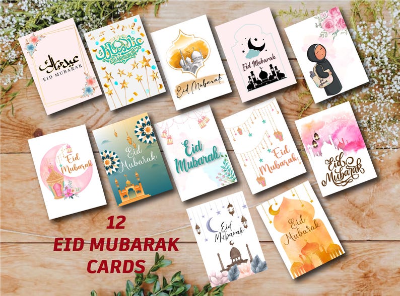 May include: Twelve printable greeting cards with various designs featuring the Arabic phrase "Eid Mubarak" and illustrations of mosques, lanterns, and crescent moons. The cards are perfect for celebrating Eid al-Fitr.