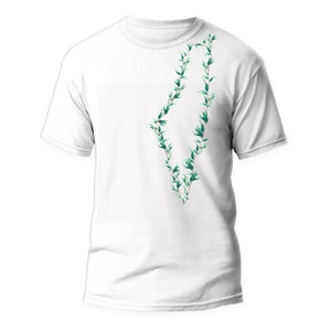May include: White t-shirt with a green leafy design in the shape of Israel.