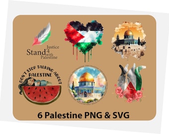 May include: A set of six digital illustrations featuring the Palestinian flag in various designs. The designs include a heart, a watermelon, a mosque, and a hand holding a flag. The text "Justice 4 Palestine" and "Don't Stop Talking About Palestine" are also included in the designs.