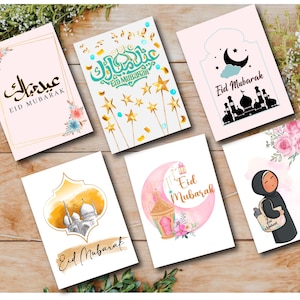 May include: Five different greeting cards with various designs celebrating Eid Mubarak. The cards feature a crescent moon, stars, calligraphy, and illustrations of mosques.