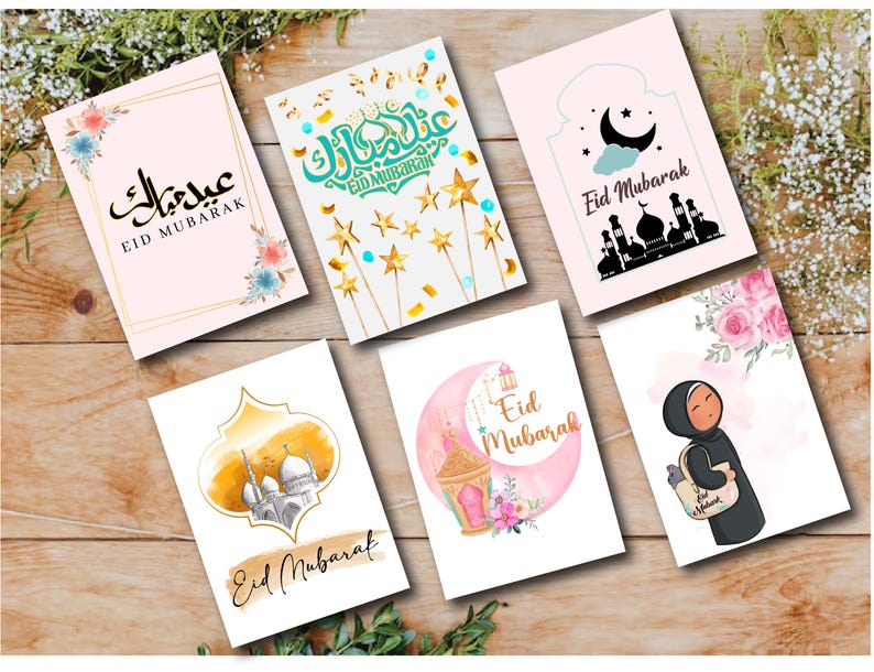 May include: Five different greeting cards with various designs celebrating Eid Mubarak. The cards feature a crescent moon, stars, calligraphy, and illustrations of mosques.