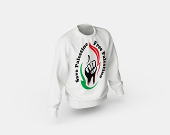 Könnte beinhalten: Weißer Pullover mit einem schwarzen, roten und grünen Grafikdesign. Die Grafik zeigt eine geballte Faust mit den Worten "Save Palestine" und "Free Palestine" darum herum.