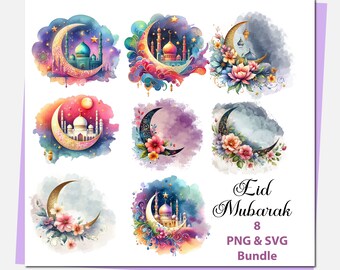 Watercolor Eid Mubarak Clipart: Islamic Moon, Lantern, Star (PNG) Digital download