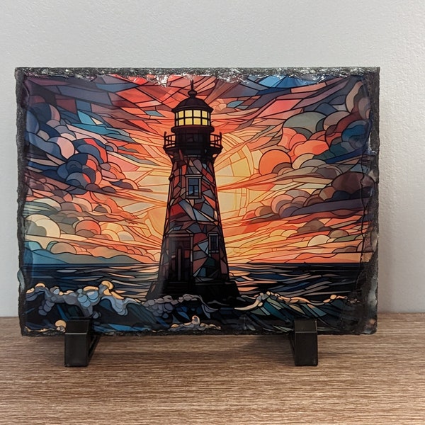 Lighthouse slate photo, Rock slate, Lighthouse, lighthouse gift, stained glass, stained glass lighthouse