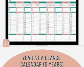 May include: A digital 2025 year-at-a-glance calendar displayed on a laptop screen, featuring a grid layout with monthly sections in teal and pink headers. Below the screen, text reads YEAR AT A GLANCE CALENDAR (5 YEARS) GOOGLE SHEETS | 6 TABS.