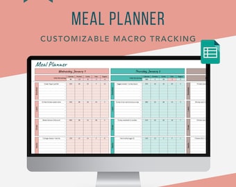 May include: A computer monitor displays a meal planner template with customizable macro tracking. The screen shows a spreadsheet layout with sections for breakfast, lunch, dinner, and snacks, with columns for calories, protein, carbs, fats, and sugar. The text "Instant Download" is in the top left.