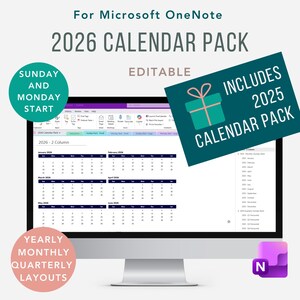 2026 OneNote Calendar Pack, 2025 OneNote Calendar Bonus, Yearly Quarterly Monthly, Sunday and Monday Start, Calendar for Microsoft OneNote