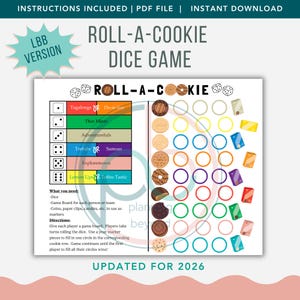 Pode incluir: Um jogo de dados Roll-A-Cookie imprimível com um design turquesa e branco. O tabuleiro do jogo apresenta nomes de biscoitos, dados e círculos para preencher. Instruções e o texto "UPDATED FOR 2026" estão incluídos. O jogo é um arquivo PDF.