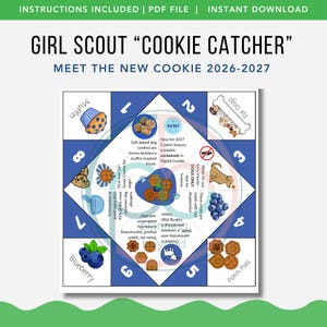 Pode incluir: Um jogo de adivinhação de papel intitulado Girl Scout Cookie Catcher com seções azuis e brancas numeradas de um a oito, ilustrações de mirtilos, um muffin e cães, juntamente com texto sobre petiscos para cães de 2027.