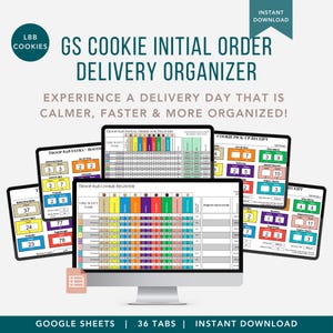May include: A digital organizer for Girl Scout cookie sales, displayed on a computer and tablets. The design includes colorful charts and the text "GS Cookie Initial Order Delivery Organizer." The image also includes the text "Instant Download."