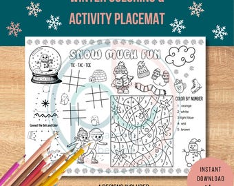 Winter Kids Activity Mats | Printable Placemat | Instant Download Winter Printable PDF | Kids Coloring Crafts Winter Fun