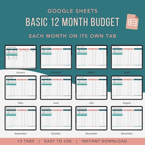 Puede incluir: Imagen digital de una plantilla de presupuesto básico de 12 meses de Google Sheets. El diseño presenta una combinación de colores turquesa y rosa, con cada mes mostrado en su propia pestaña. Texto: "13 pestañas | Fácil de usar | Descarga instantánea".