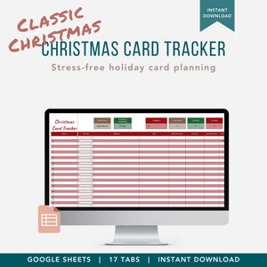 Puede incluir: Un monitor de computadora muestra una hoja de cálculo de seguimiento de tarjetas navideñas. Las palabras "CLASSIC CHRISTMAS" y "CHRISTMAS CARD TRACKER" están en la imagen. La hoja de cálculo tiene filas y columnas rojas y blancas. La imagen también incluye las palabras "GOOGLE SHEETS | 17 TABS | INSTANT DOWNLOAD."
