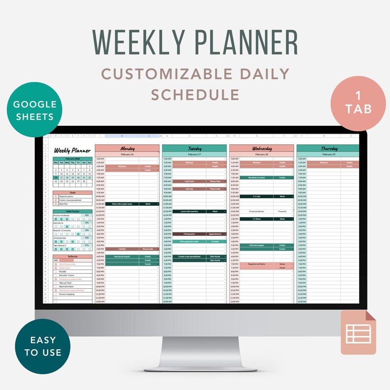 Weekly Planner Spreadsheet, Google Sheets Weekly Planner, Time Blocking ...