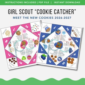 Pode incluir: Dois adivinhadores de papel intitulados GIRL SCOUT COOKIE CATCHER MEET THE NEW COOKIES 2026-2027. Um é rosa com gráficos de aveia, granulado e gotas de chocolate. O outro é azul com gráficos de muffin, osso de cachorro e mirtilo com texto.