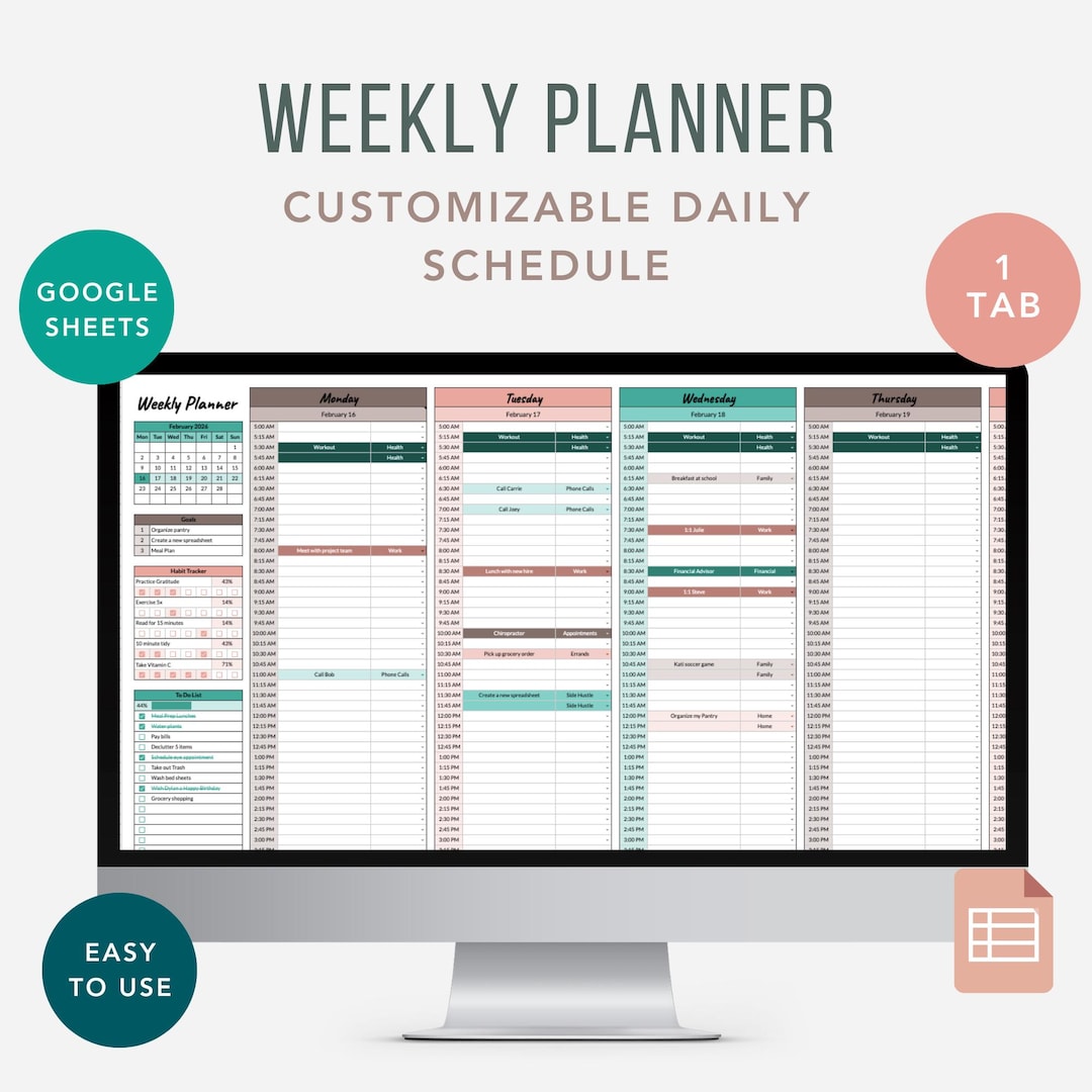 Weekly Planner Spreadsheet, Google Sheets Weekly Planner, Time Blocking ...
