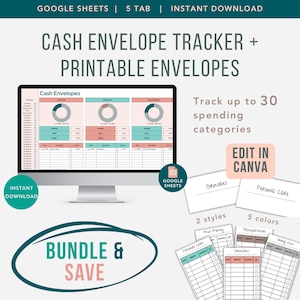 May include: A digital cash envelope tracker and printable envelope bundle featuring a computer monitor displaying a Google Sheets interface with pie charts and budget tables, alongside several white paper envelopes with handwritten category labels.
