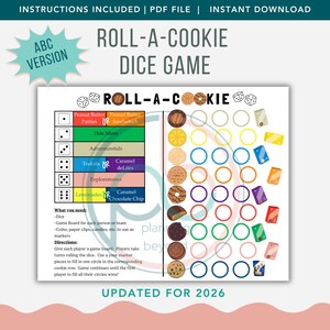 Pode incluir: Um jogo de dados Roll-A-Cookie imprimível com ilustrações coloridas de biscoitos e dados. O jogo inclui instruções e está atualizado para 2026. O tabuleiro apresenta vários tipos de biscoitos e uma mecânica de lançamento de dados.