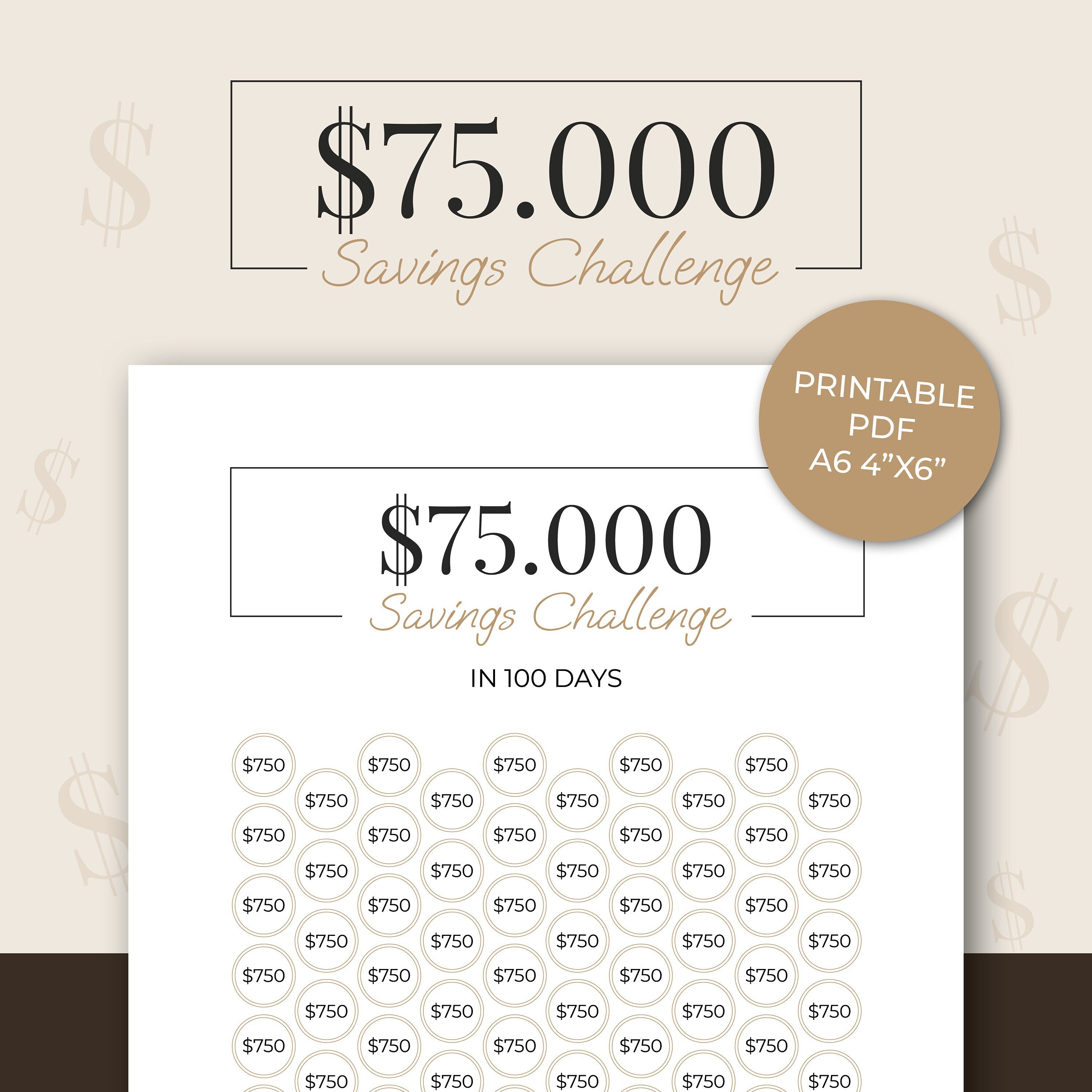 75k Savings Challenge Printable A6 Money Save PDF 75000 in 100 Days ...