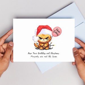 Carte d'anniversaire de Noël avec un joli chat de Noël, un bonnet de Noel et des lumières de Noël Design | Cadeau pour amoureux des chats | Carte de voeux