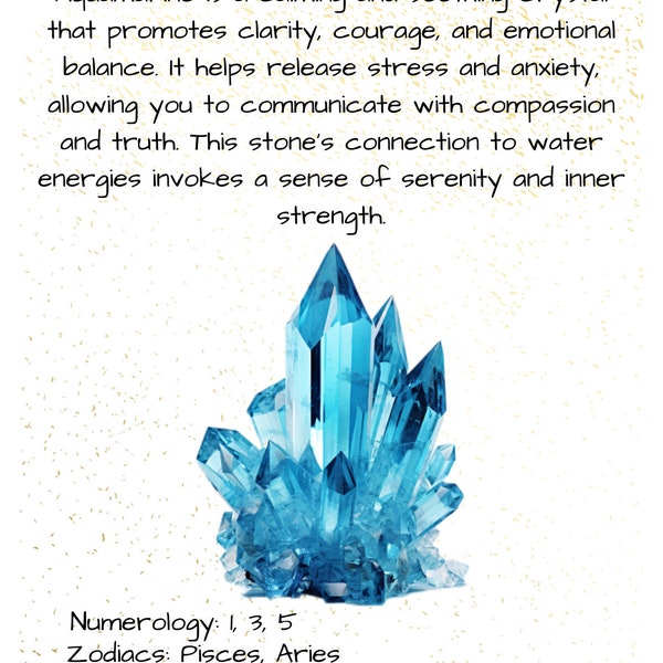 Aquamarine, Crystal Meaning Cards, Printable PDF, Numerology Cards