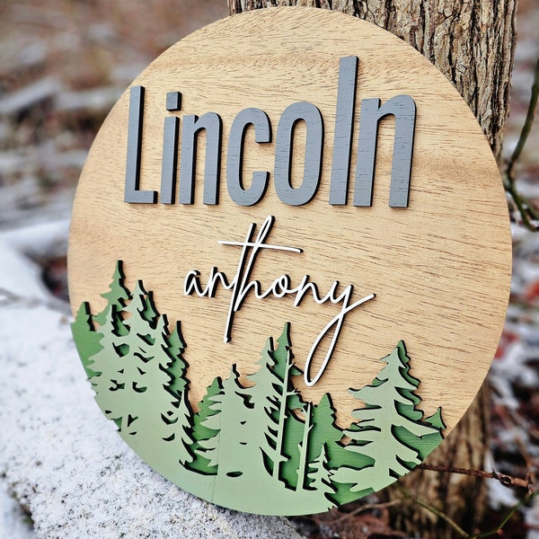 Round 3D Nursery Name Sign Pine Trees | Personalized Wooden Name Sign | Baby Name Sign | Baby Shower | Woodland Theme | Forest Name Sign |