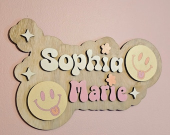 Retro Baby Name Sign | Hippie Smiley Face Name Sign | Personalized Name Sign | Custom Name Sign | Smiley Face Sign | Nursery Decorations