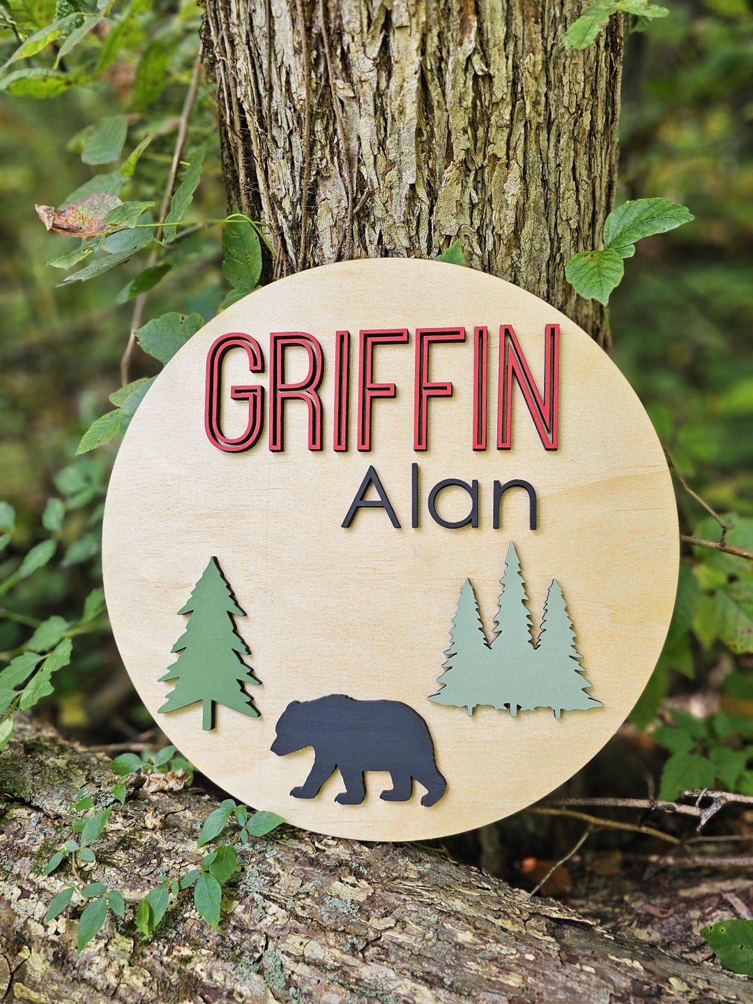 Nursery Name Sign Bear Pine Trees | Personalized Wooden Name Sign ...