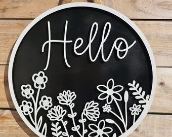 Personalized Hello Door Hanger: Hand-Painted Wildflower Sign