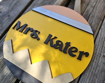 Personalized Teacher Classroom Door Sign: Wooden Pencil Design