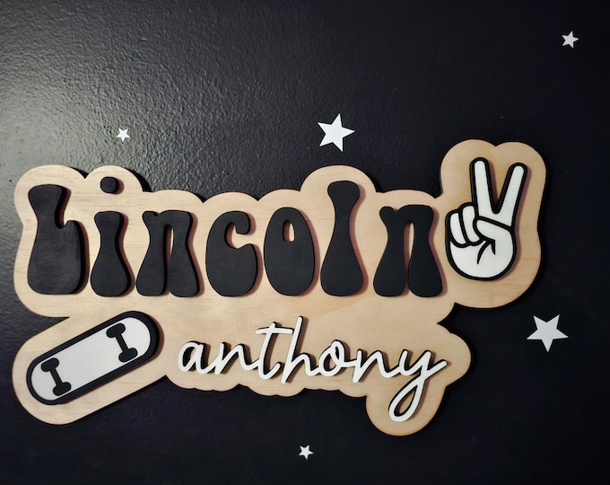 Personalized Retro Name Sign: Skateboard Peace Sign Nursery Decor | Boys Room Decor | Custom Skateboard Baby Boy Wall Art | Baby Shower Gift