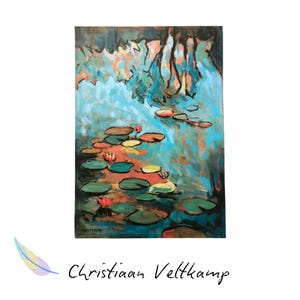 LIRIOS REFLEJANTES – Pintura acrílica – Escena abstracta de estanque – Arte original sobre panel de MDF – Decoración de pared inspirada en la naturaleza