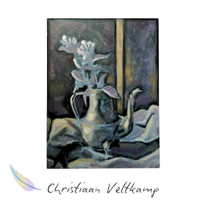 SILVER STILLNESS – Natureza morta expressionista com bule e flores – Pintura acrílica original sobre painel – Arte de parede moderna