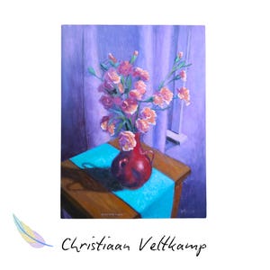 FLORES DE JANELA – Pintura de Natureza Morta Floral – Obra de Arte Original em Óleo – Tons Pastel Quentes – Decoração de Parede com Inspiração Vintage