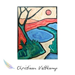 SENDERO DEL ATARDECER – Pintura acrílica de paisaje – Escena abstracta de río con sol rojo – Arte original sobre panel de MDF – Decoración de pared moderna con naturaleza