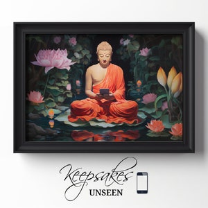 Modern Buddha with Smartphone Digital Art | Buddha&#39;s Modern Moment Wall Decor | PRINTABLE | Keepsakes Unseen No. 2