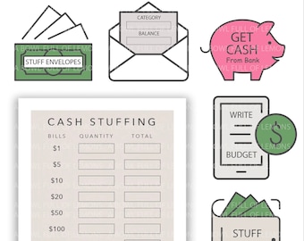 May include: A printable cash stuffing kit with a green, brown, and pink color scheme. The kit includes a cash stuffing envelope, a budget tracker, a piggy bank, a wallet, and money bags. The text on the printable says "Cash Stuffing Kit", "Get Cash", "Write Budget", "Stuff Wallet", and "A Bowl Full of Lemons".