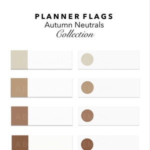 Op de afbeelding: Planner vlaggen in een set van vier kleuren: beige, lichtbruin, middelbruin en donkerbruin. De vlaggen zijn semi-transparant en hebben een witte achtergrond. De tekst "Planner Flags" en "Autumn Neutrals Collection" staat bovenaan de afbeelding. De tekst "Semi-Transparent" staat onderaan de afbeelding. De tekst "www.abowlfulofflemons.net" staat onderaan de afbeelding.