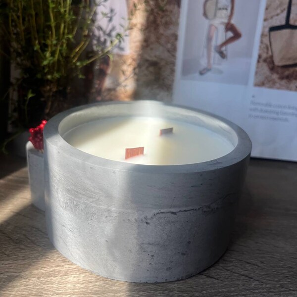 16 oz cement candle | Candle vessel match holder | Crackling Wood Wick | Handmade | Large candle